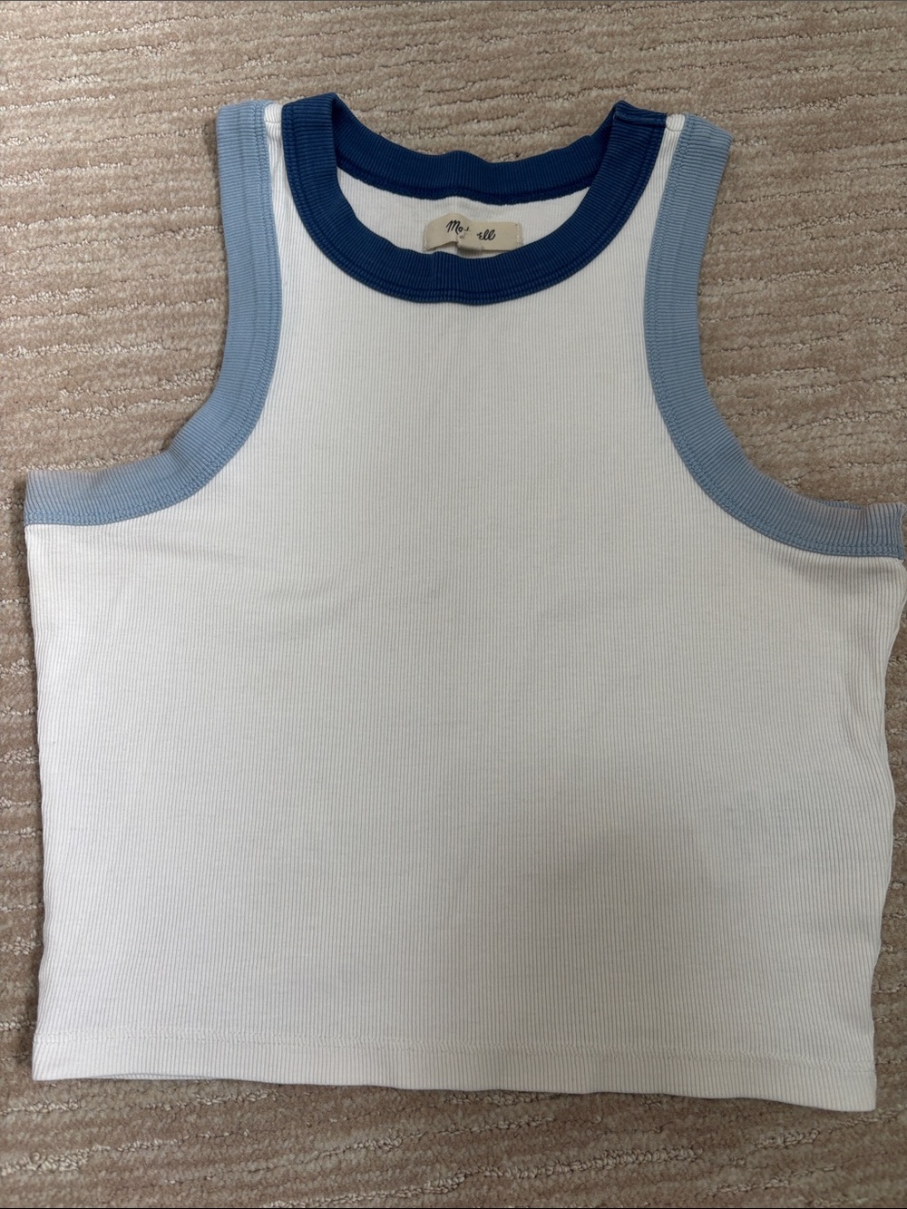 Madewell White Ribbed Tank with Navy and Light Blue Trim